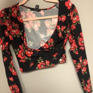 Floral cropped plunging blouse